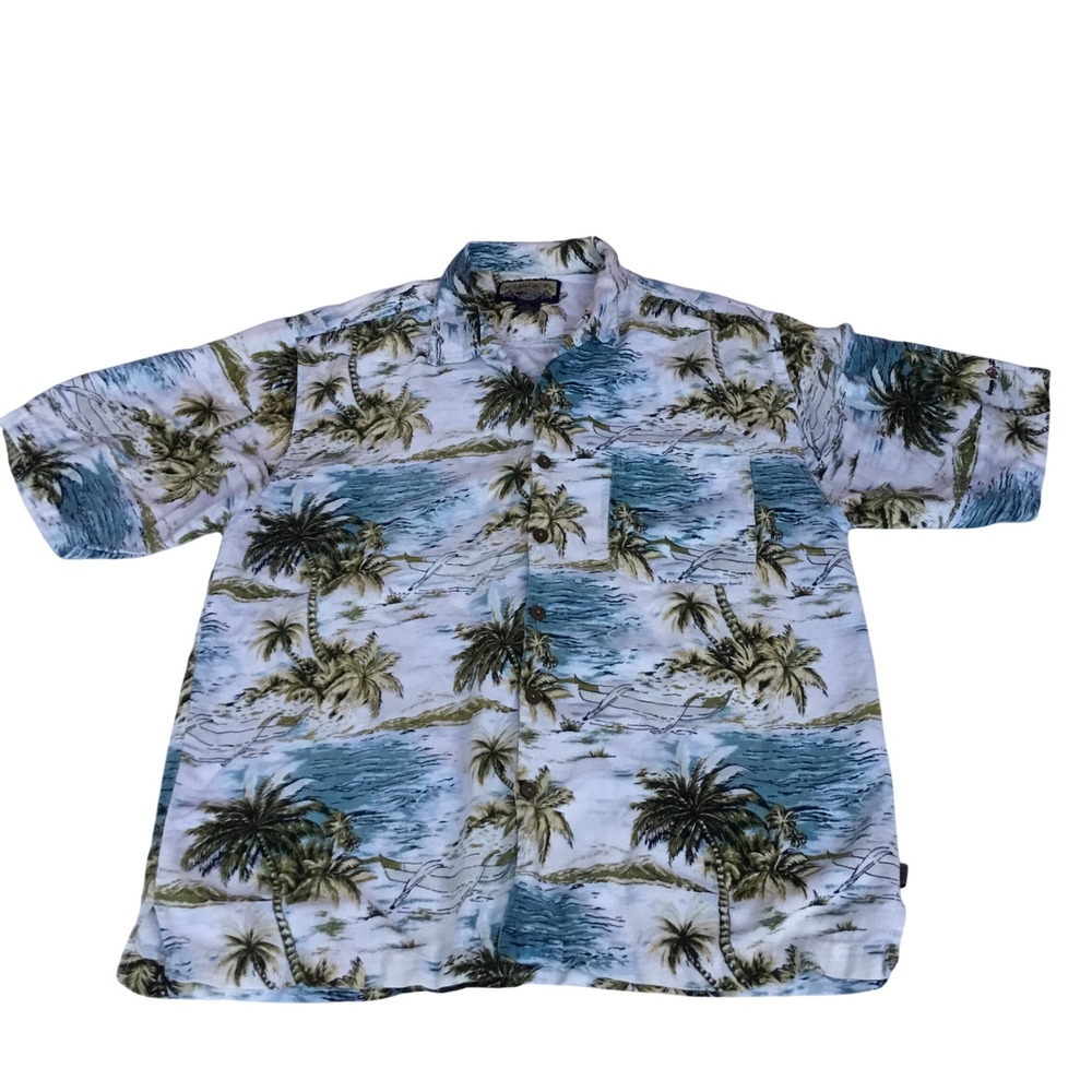 Ocean Pacific Mens Palm Tree Tropical Surf Shirt Large Blue White Cotton Rayon
